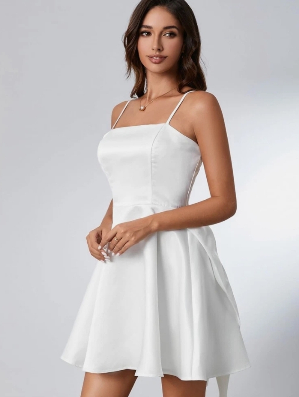 White Satin Spaghetti Strap Fit-and-Flare Dress Lace Up Back.